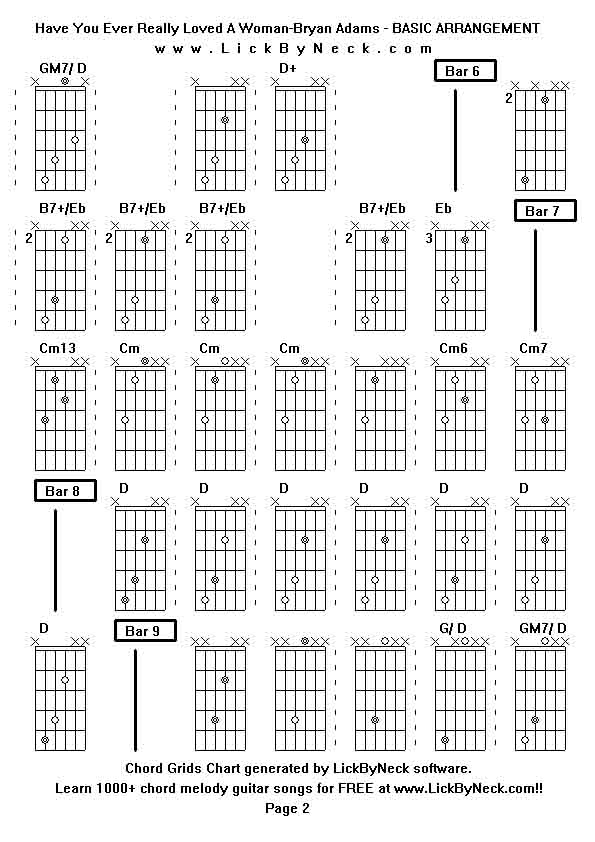 Chord Grids Chart of chord melody fingerstyle guitar song-Have You Ever Really Loved A Woman-Bryan Adams - BASIC ARRANGEMENT,generated by LickByNeck software.